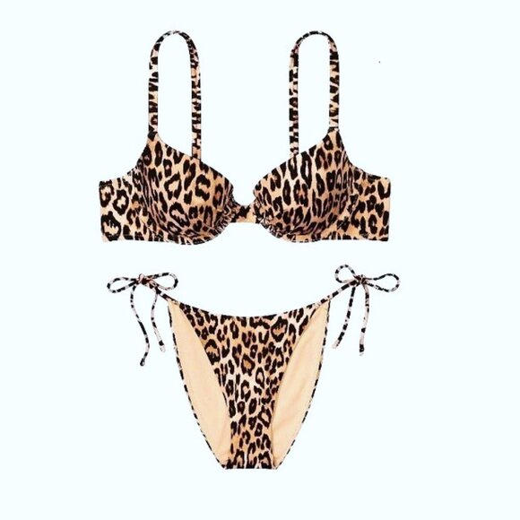 38DDD/XL Victoria Secret Swim Icon Push Up Top Bikini Side Tie Bottom Leopard - Picture 2 of 13